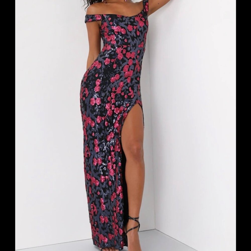 Lulus Blooming Sparkle Black Floral Sequin Off-The-Shoulder Maxi Dress